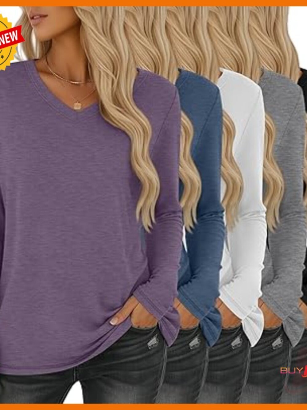 5 Pack Women's Long Sleeve V-Neck Tees, Loose Fit Basic Tops, Polyester Cotton